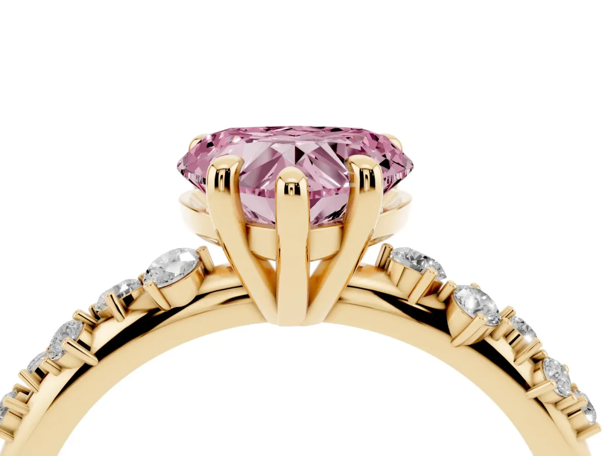 Fancy Pink Heart Cut Cut Diamond Vine Band with Four-Prong Setting Yellow gold