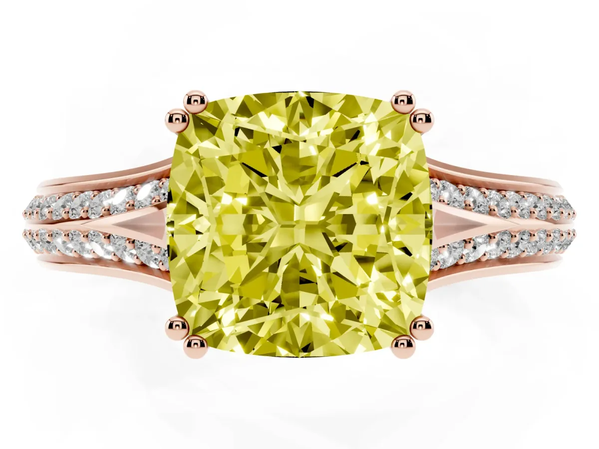 Fancy Yellow Cushion Cut Diamond Split Shank Engagement Ring with Pavé Band Rose gold