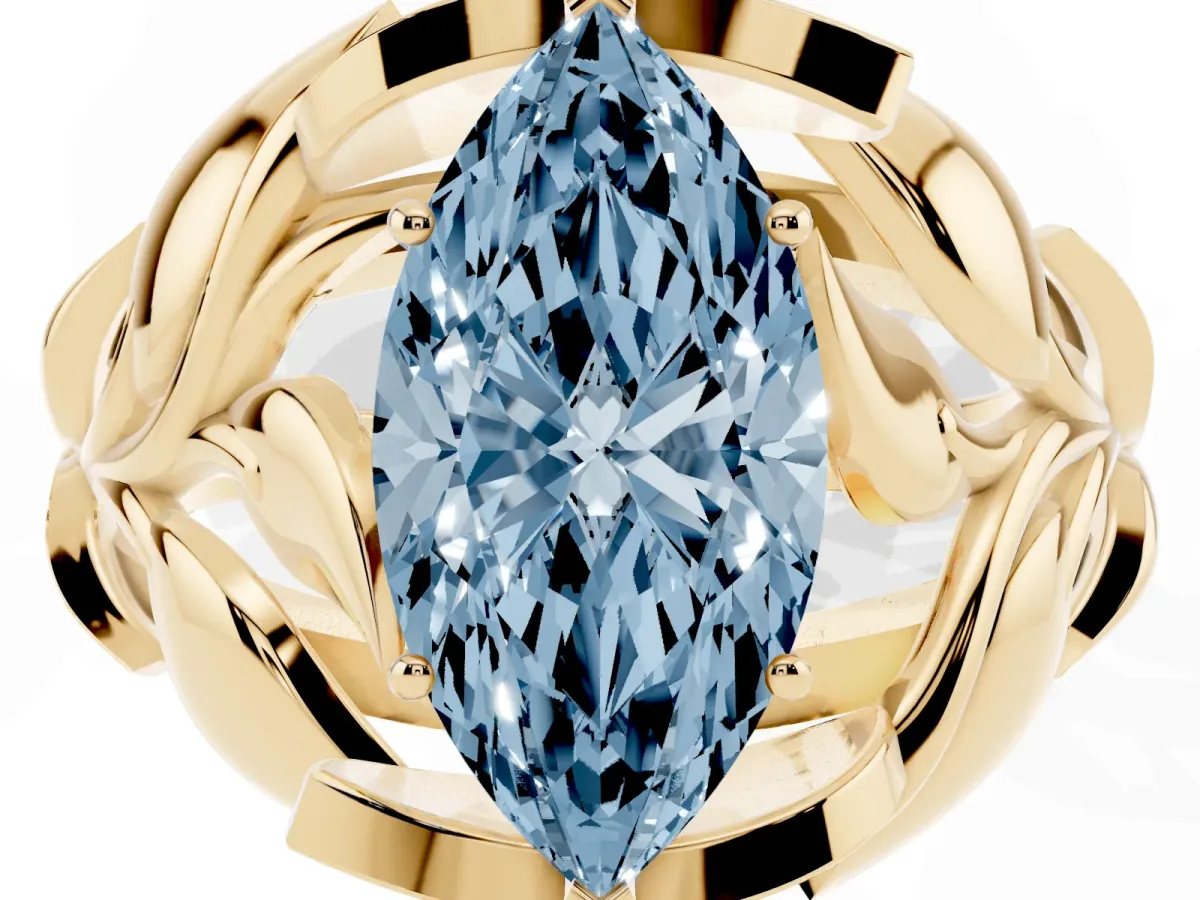 Fancy Blue Marquise Cut Diamond Leaf-Inspired Engagement Ring with Round Accents and Prong Setting Yellow gold