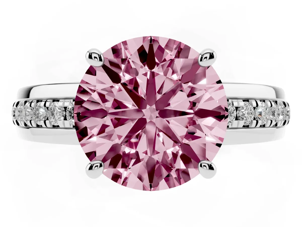 Fancy Pink Round Cut Solitaire Diamond Ring with Channel Set Band and Six-Prong Setting Silver