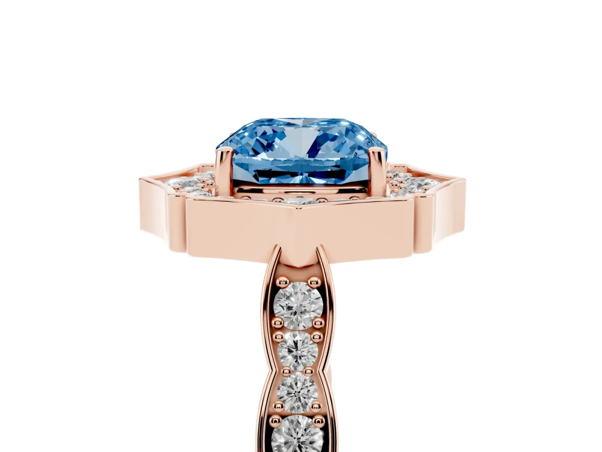 Fancy Blue Cushion Cut Halo Diamond Engagement Ring with Milgrain Band and Four-Prong Setting Rose gold