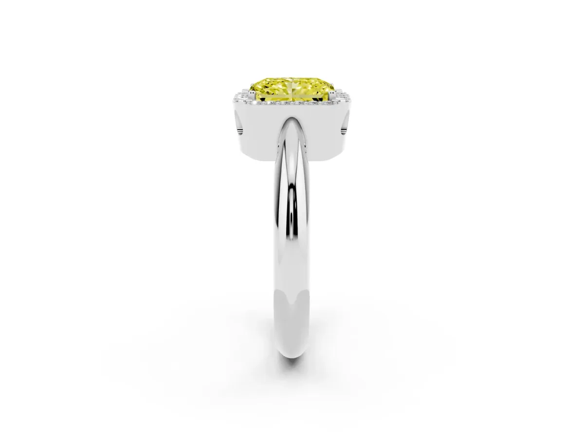 Fancy Yellow Radiant Cut Cut Diamond Halo Engagement Ring with Split Shank and Four-Prong Setting Silver