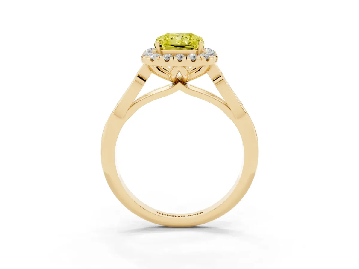 Fancy Yellow Radiant Cut Halo Diamond Engagement Ring with Filigree Band and Four-Prong Setting Yellow gold