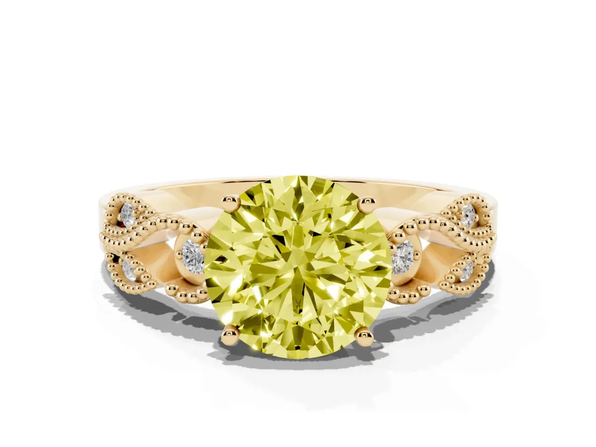 Fancy Yellow Round Cut Solitaire Milgrain Leaf Band with Prong Setting Yellow gold