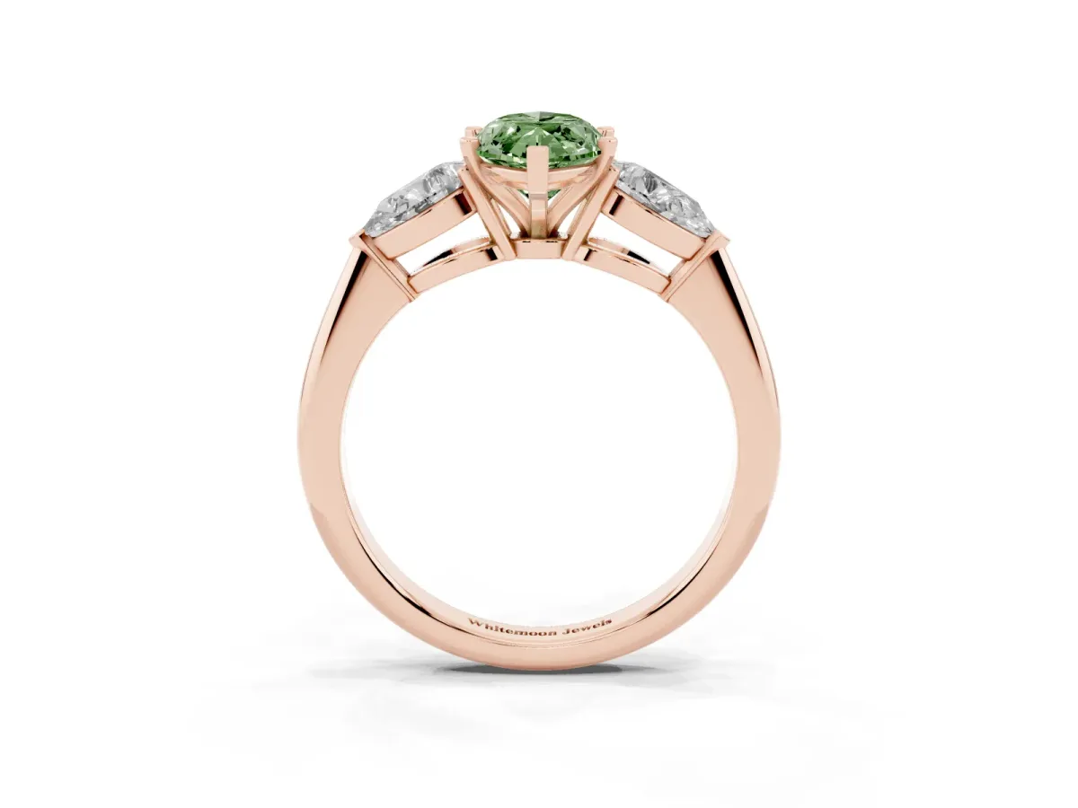 Fancy Green Three-Stone Marquise Cut Diamond Ring with Pear Side Stones and Four-Prong Setting Rose gold