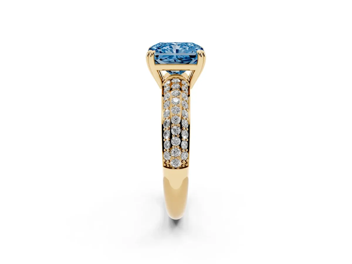 Fancy Blue Radiant Cut Diamond Solitaire Ring with Multi-Row Round Pavé Band and Prong Setting Yellow gold
