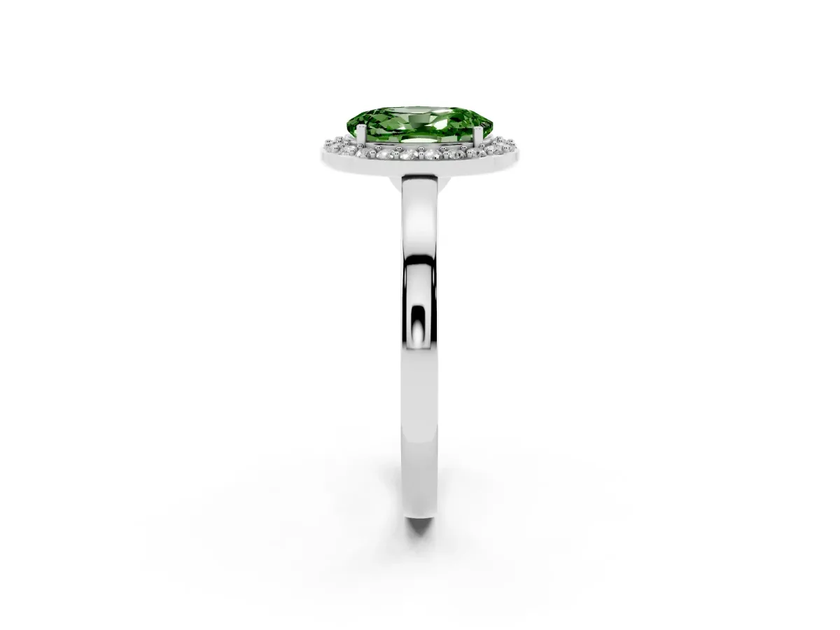 Fancy Green Oval Cut Halo Diamond Ring with Solitaire Band and Prong Setting Silver