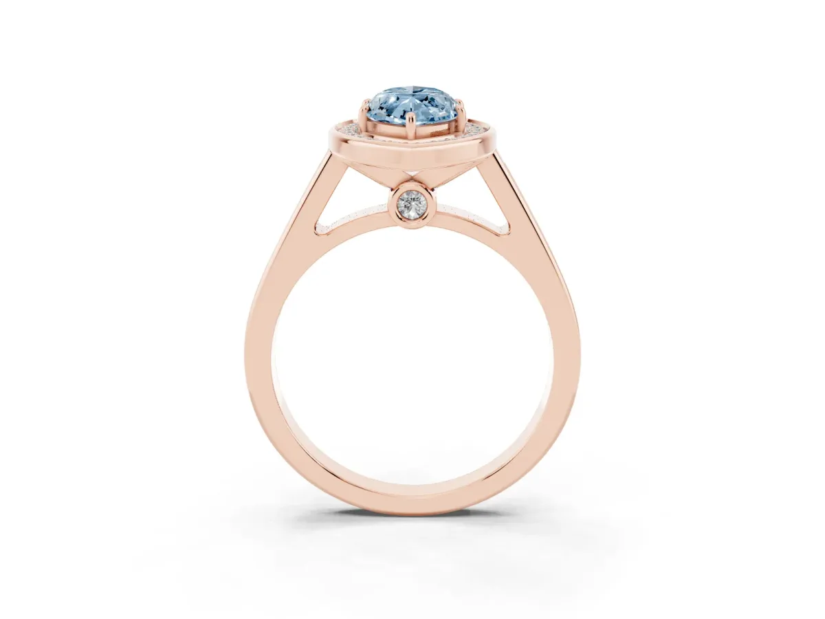 Fancy Blue Marquise Cut Halo Solitaire Diamond Ring with Pave Band and Bezel Setting Rose gold