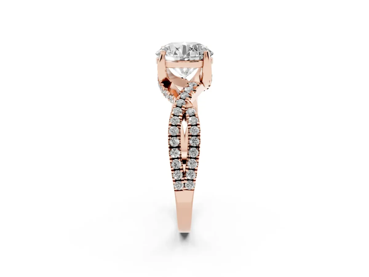 Round Cut Solitaire Twist Pave Diamond Engagement Ring with Prong Setting Rose gold