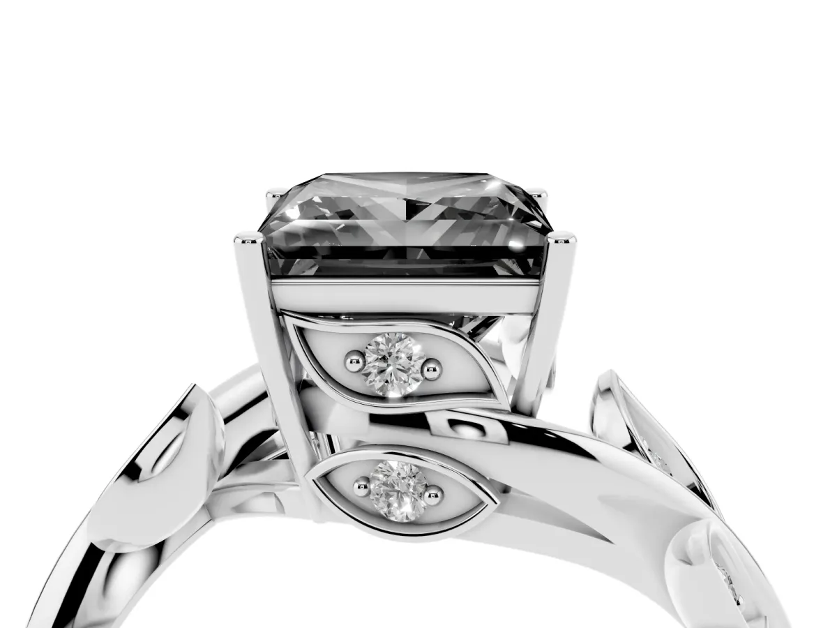 Fancy Black Princess Cut Solitaire Twist Engagement Ring with Leaf Accents and Prong Setting White gold