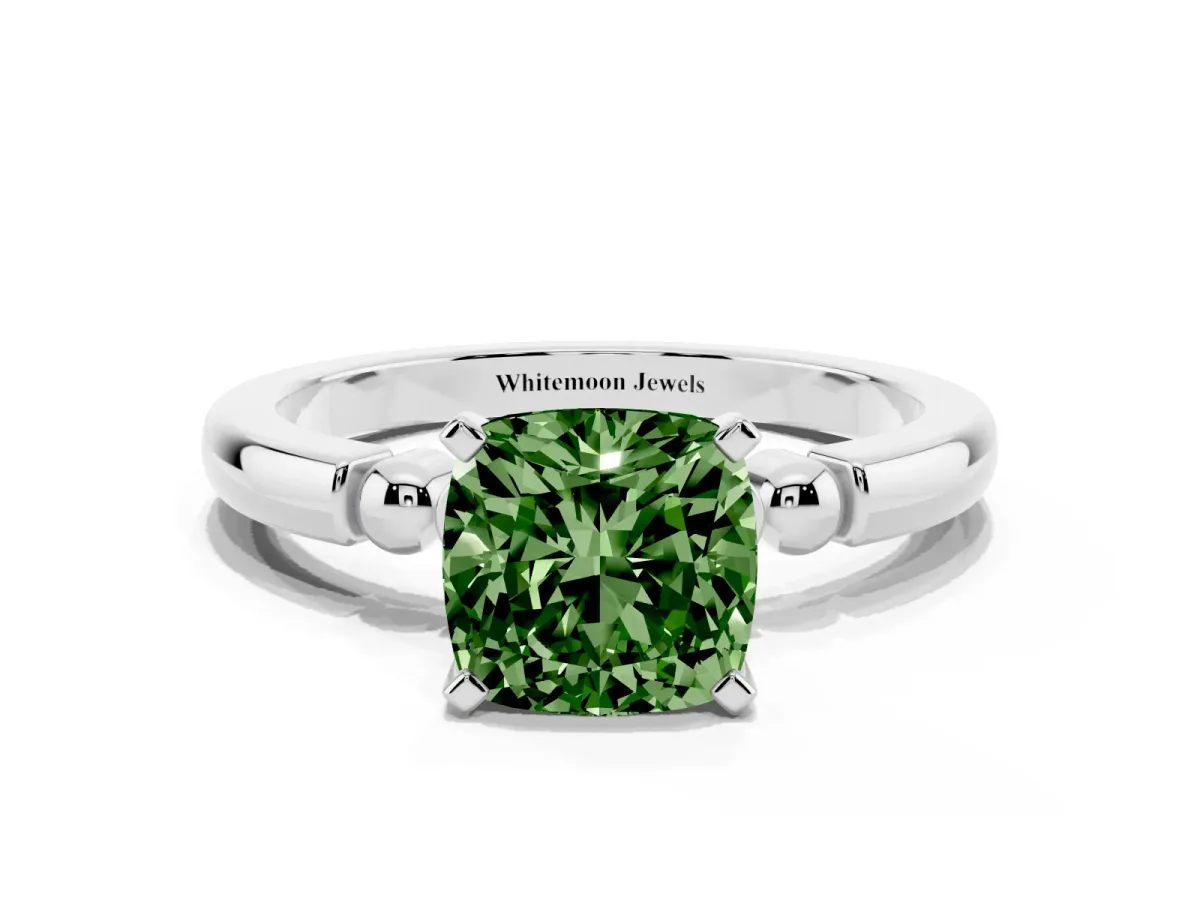 Fancy Green Cushion Cut Solitaire Beaded Band with Four-Prong Setting Silver