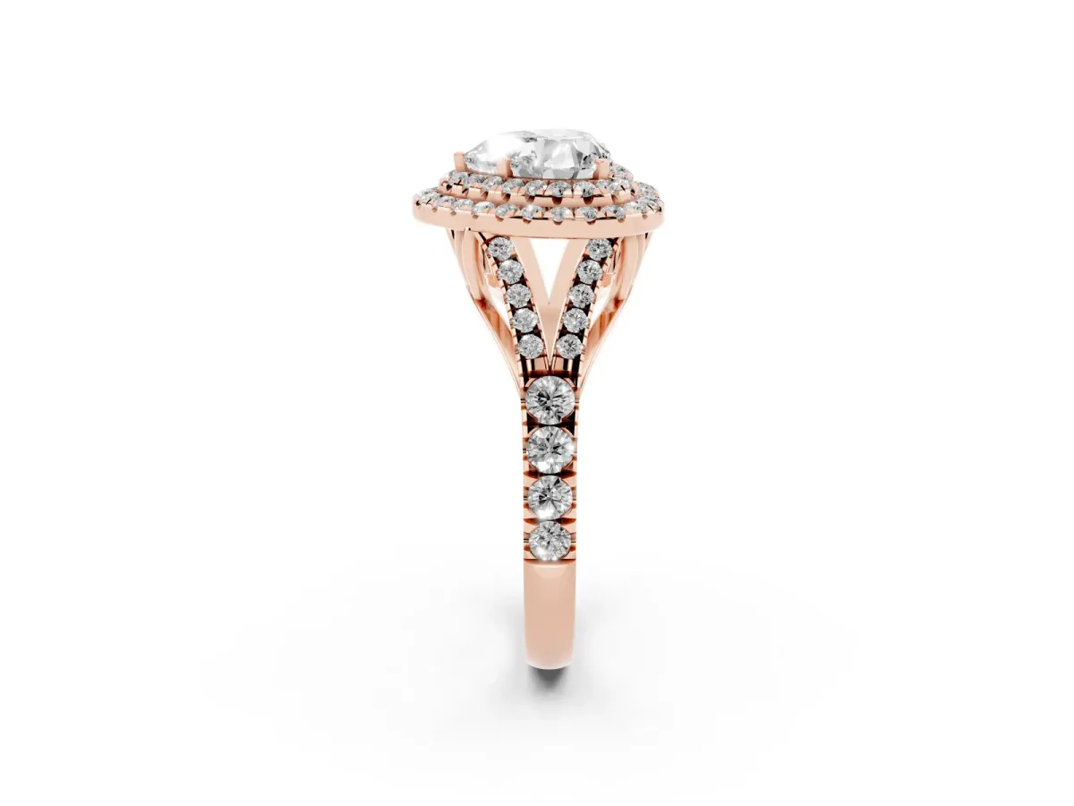 Heart Cut Cut Double Halo Split Shank Diamond Ring with Prong Setting Rose gold