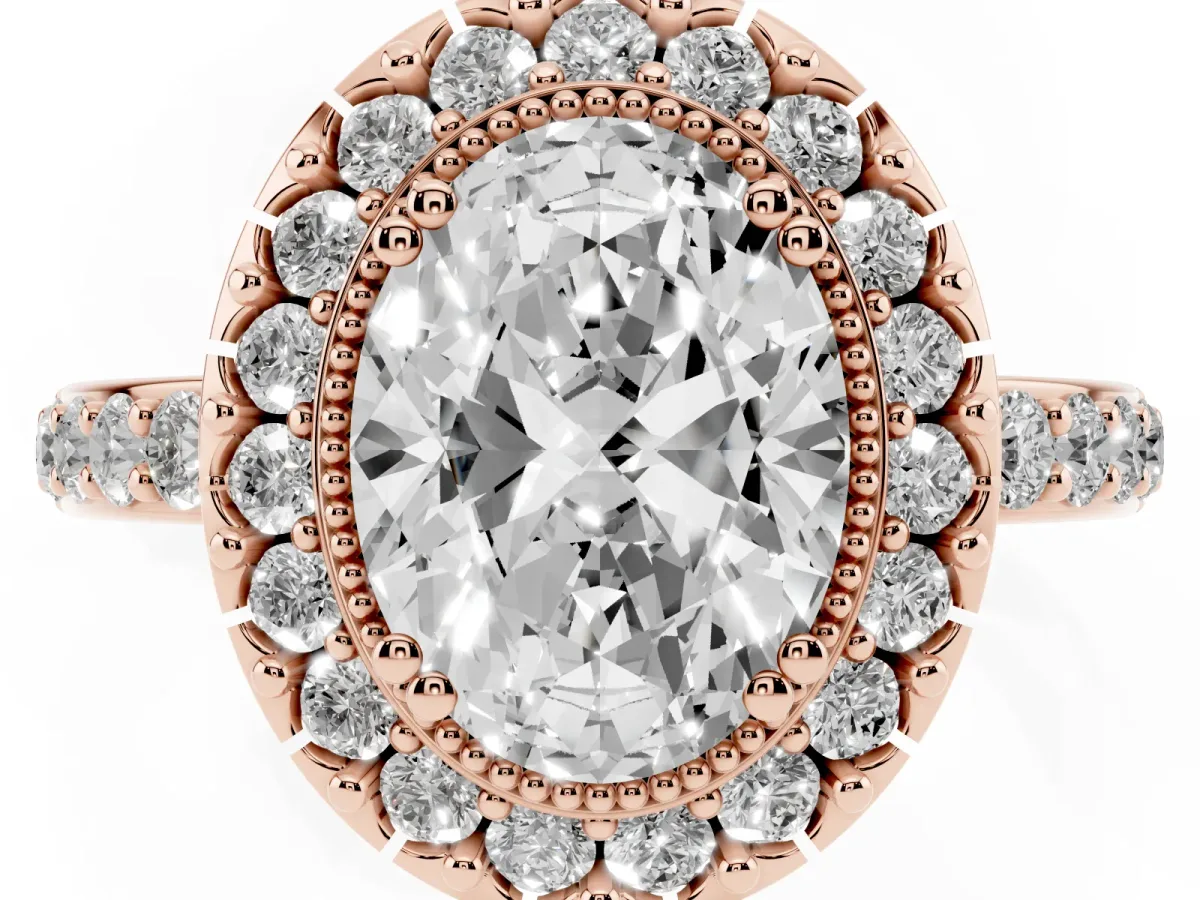 Oval Cut Diamond Halo Ring with Pavé Band and Prong Setting Rose gold