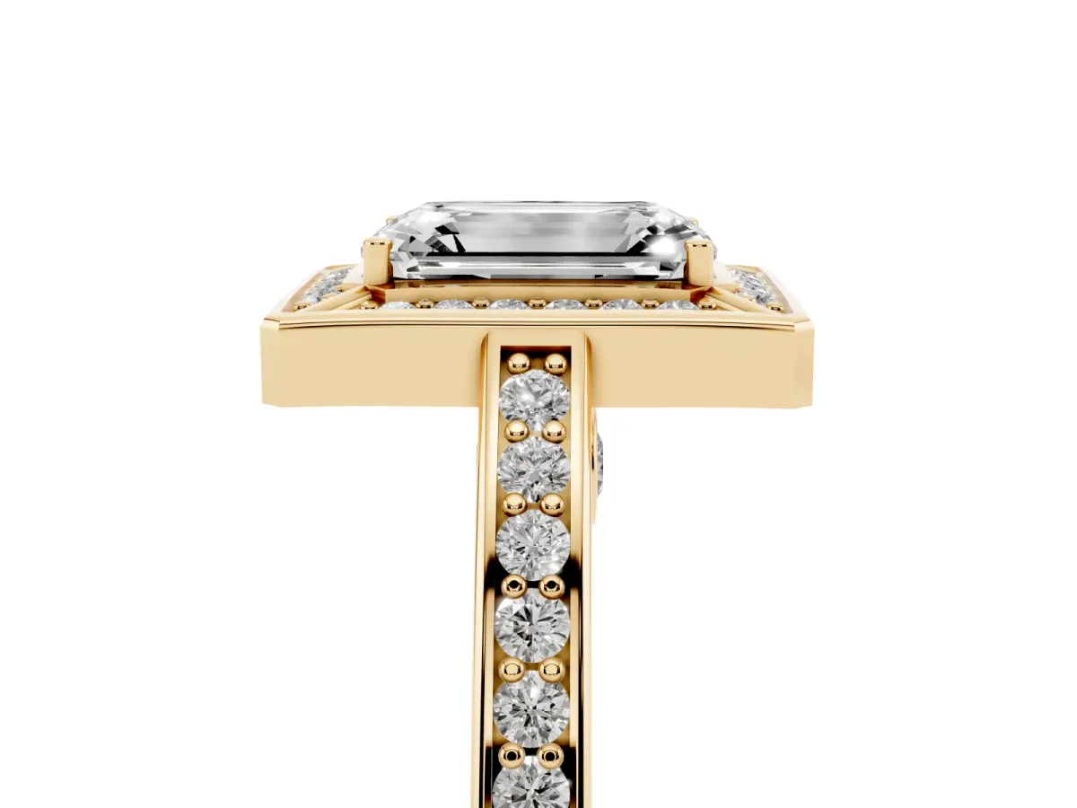 Emerald Cut Cut Halo Pave Split Shank Prong Setting Ring Yellow gold