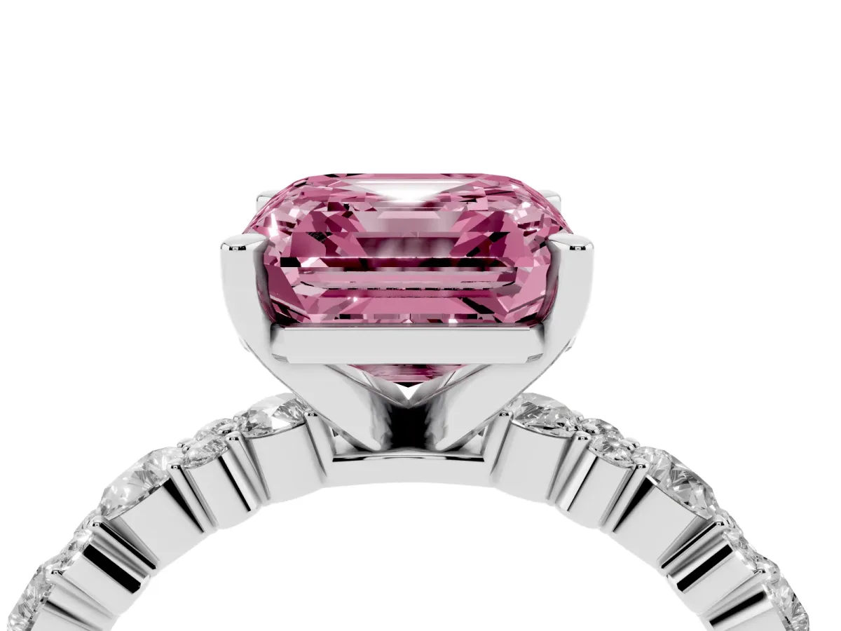 Fancy Pink Asscher Cut Diamond Side Stone Solitaire Ring with Round and Four-Prong Setting Platinum