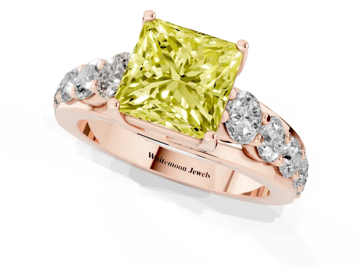 Fancy Yellow Princess Cut Diamond Engagement Ring with Pavé Band and Four-Prong Setting Rose gold