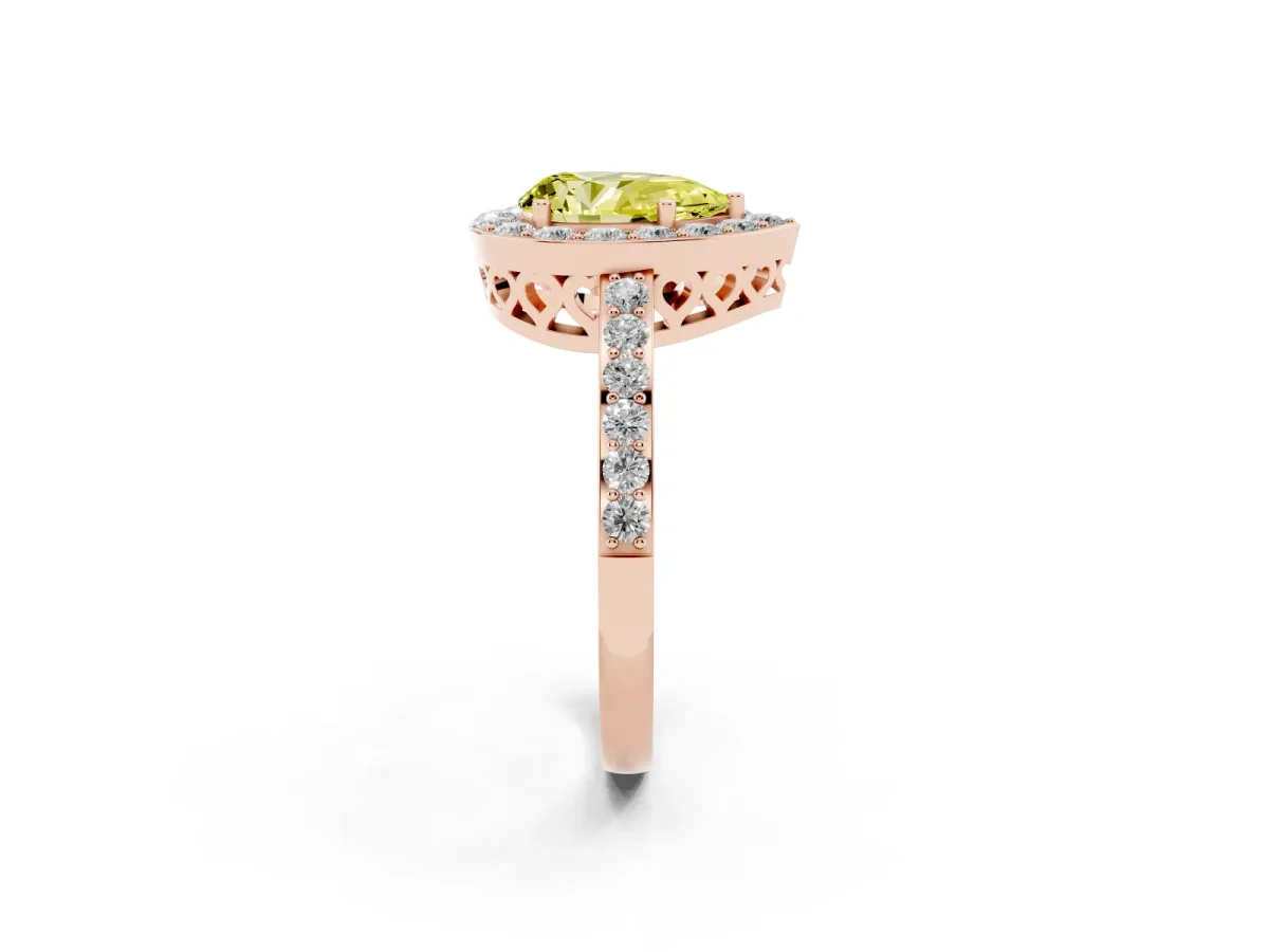 Fancy Yellow Pear Cut Halo Diamond Pavé Band Ring with Prong Setting Rose gold