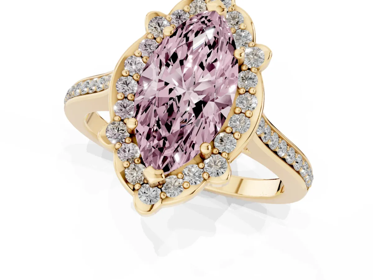 Fancy Pink Marquise Cut Halo Round Diamond Pave Band with Four-Prong Setting Yellow gold