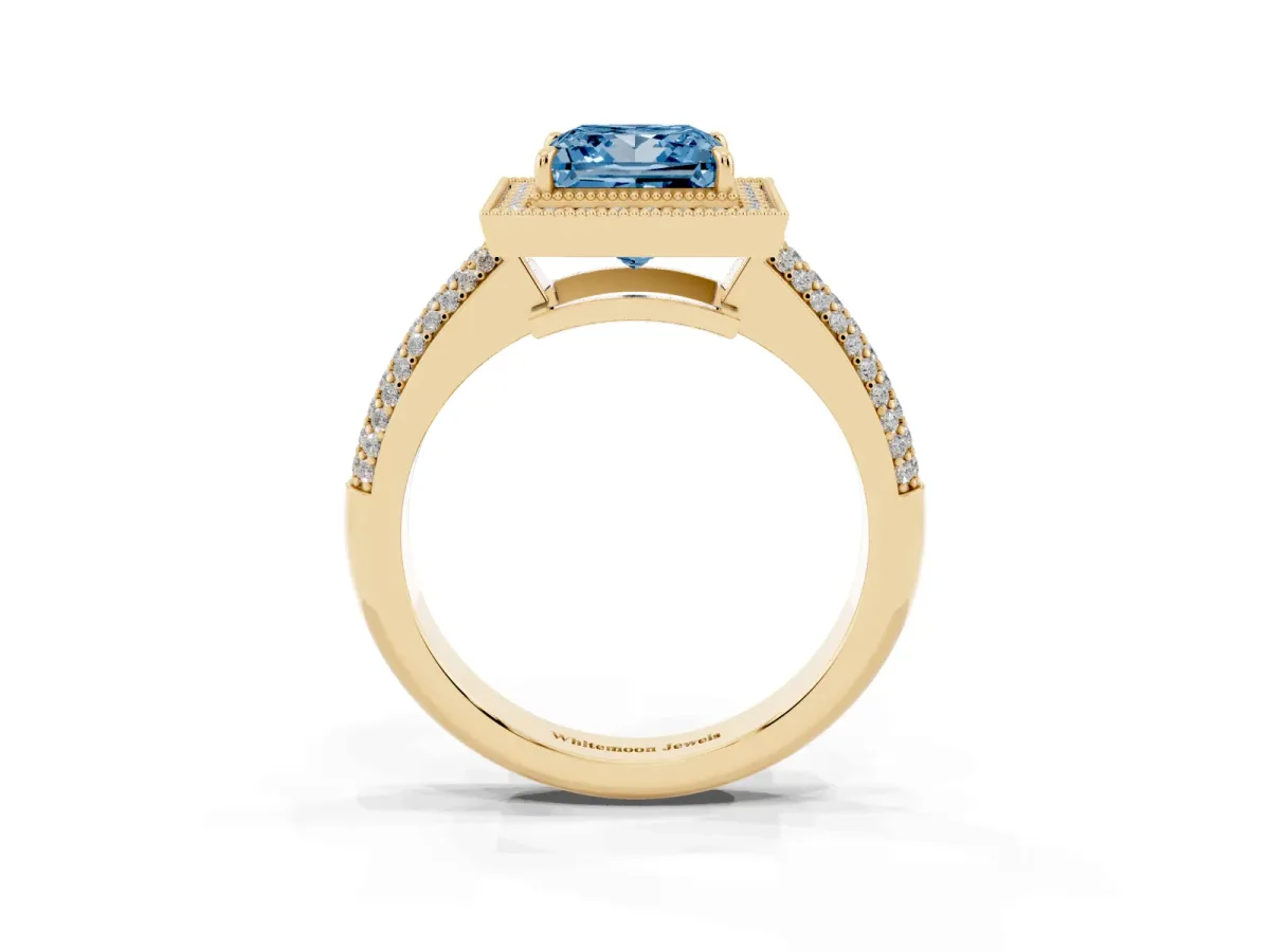 Fancy Blue Princess Cut Cut Halo Diamond Pave Band with Four-Prong Setting Yellow gold
