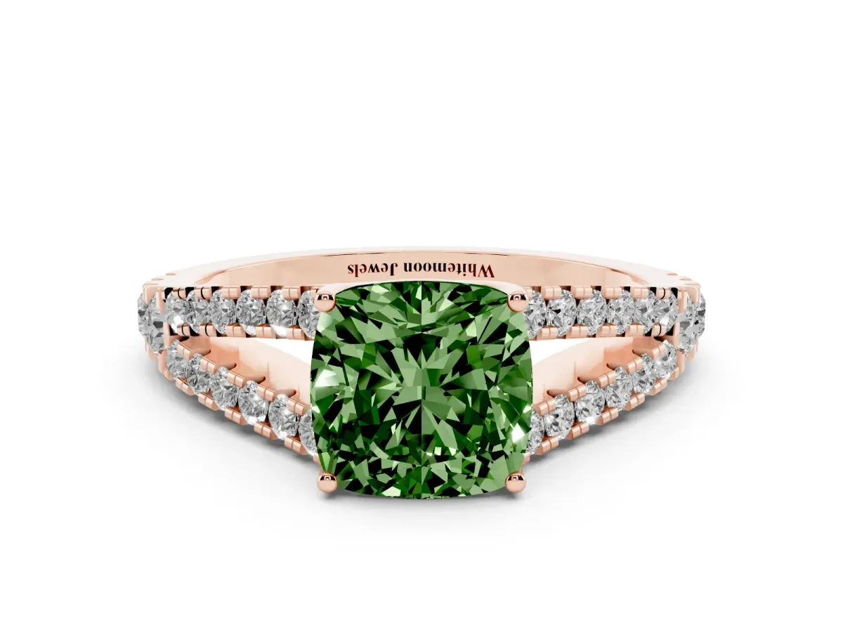 Fancy Green Cushion Cut Diamond Split Shank Engagement Ring with Round Pavé and Prong Setting Rose gold
