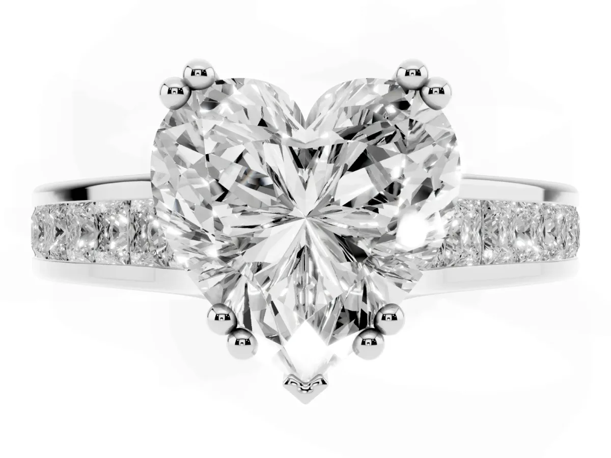 Heart Cut Cut Channel Set Solitaire Engagement Ring with Prong Setting Silver