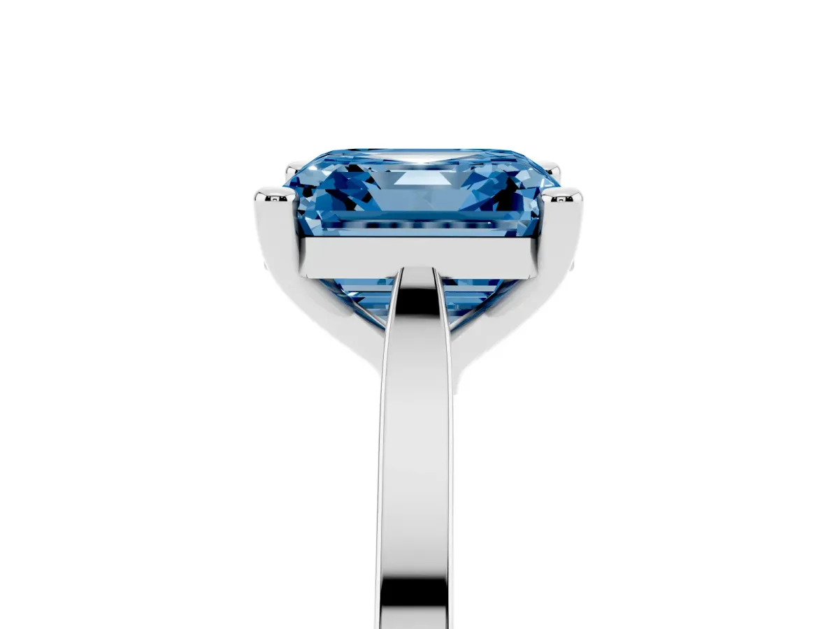 Fancy Blue Asscher Cut Solitaire Diamond Ring with Four-Prong Setting and Tapered Band Silver