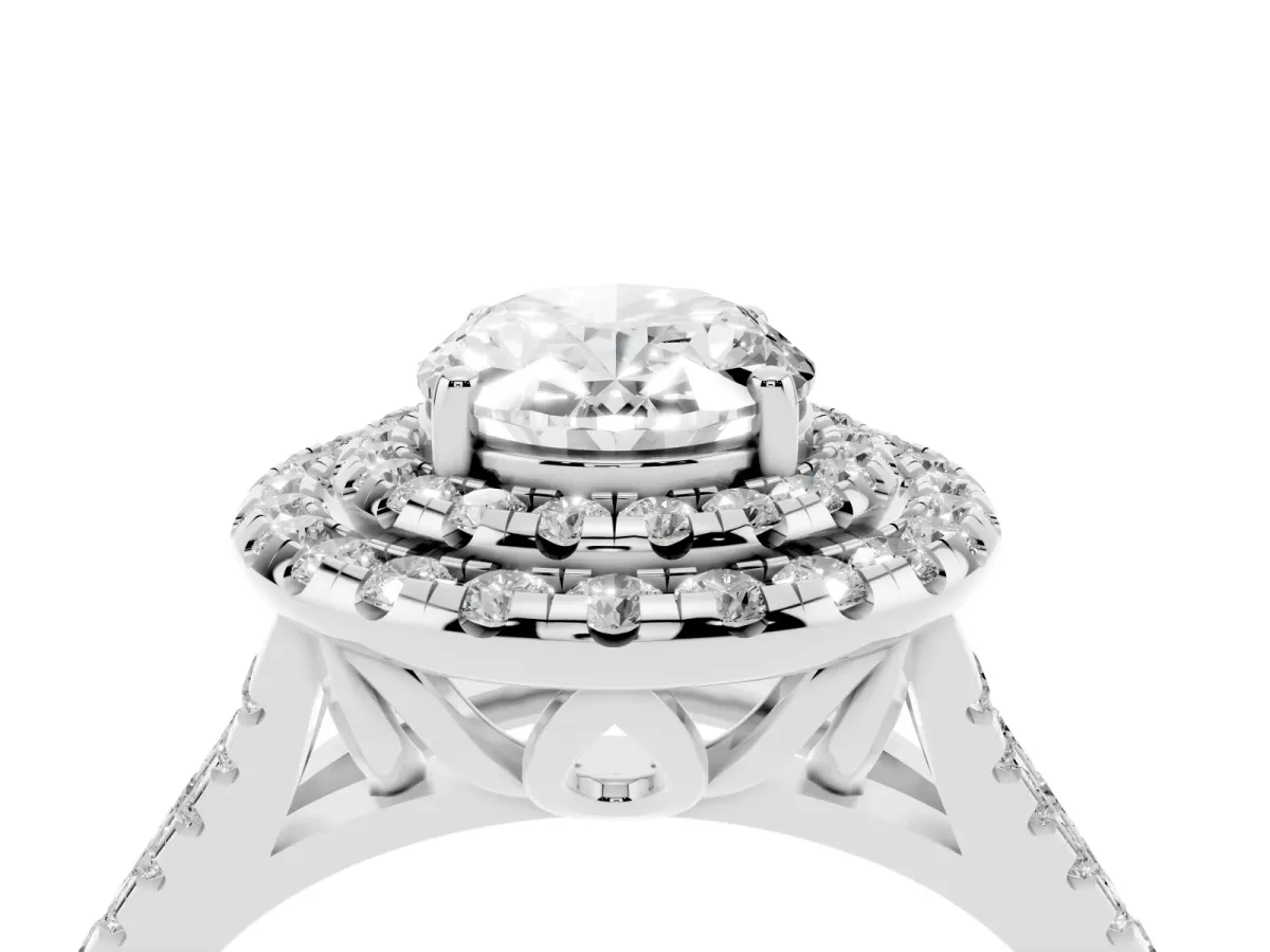 Double Halo Oval Cut Diamond Pavé Split Shank Ring with Prong Setting Silver