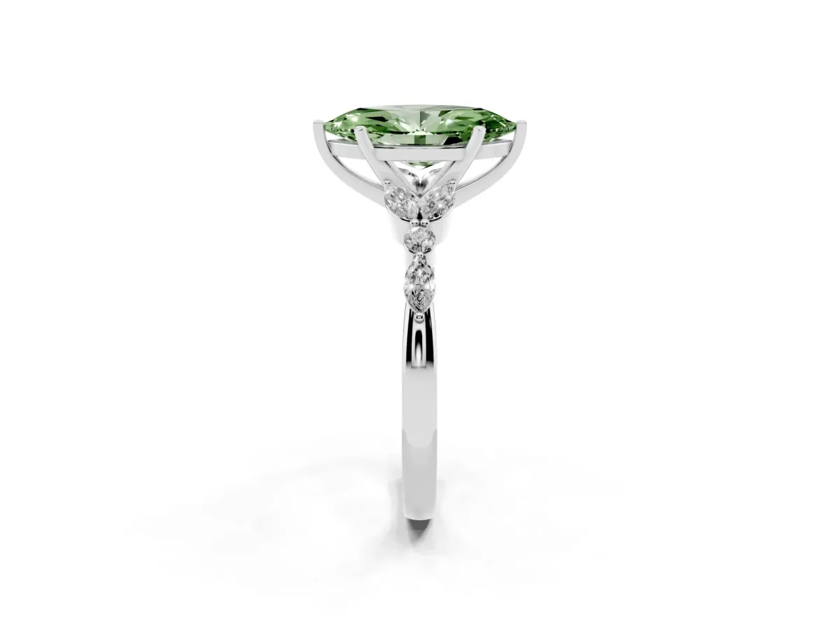 Fancy Green Marquise Cut Diamond Solitaire Ring with Side Stones and Four-Prong Setting Silver