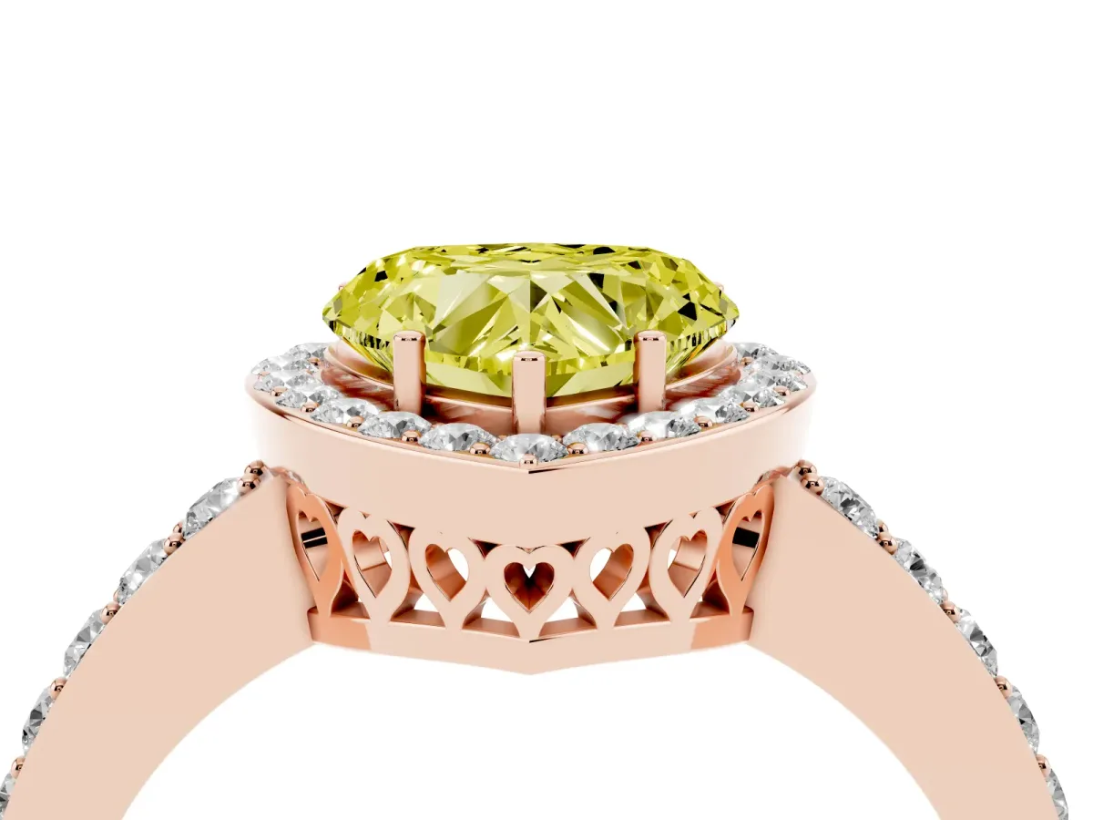 Fancy Yellow Heart Cut Halo Diamond Pavé Band Ring with Prong Setting Rose gold