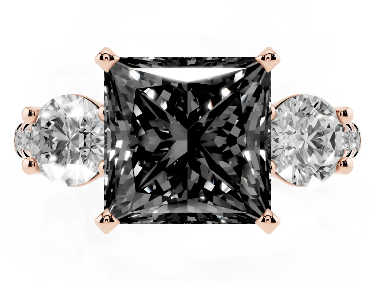 Fancy Black Three-Stone Princess Cut Diamond Pavé Band with Four-Prong Setting Rose gold