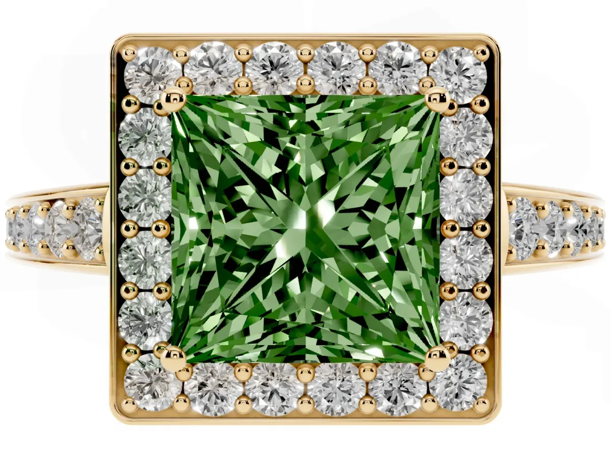 Fancy Green Princess Cut Halo Pavé Diamond Engagement Ring with Bezel Setting Yellow gold