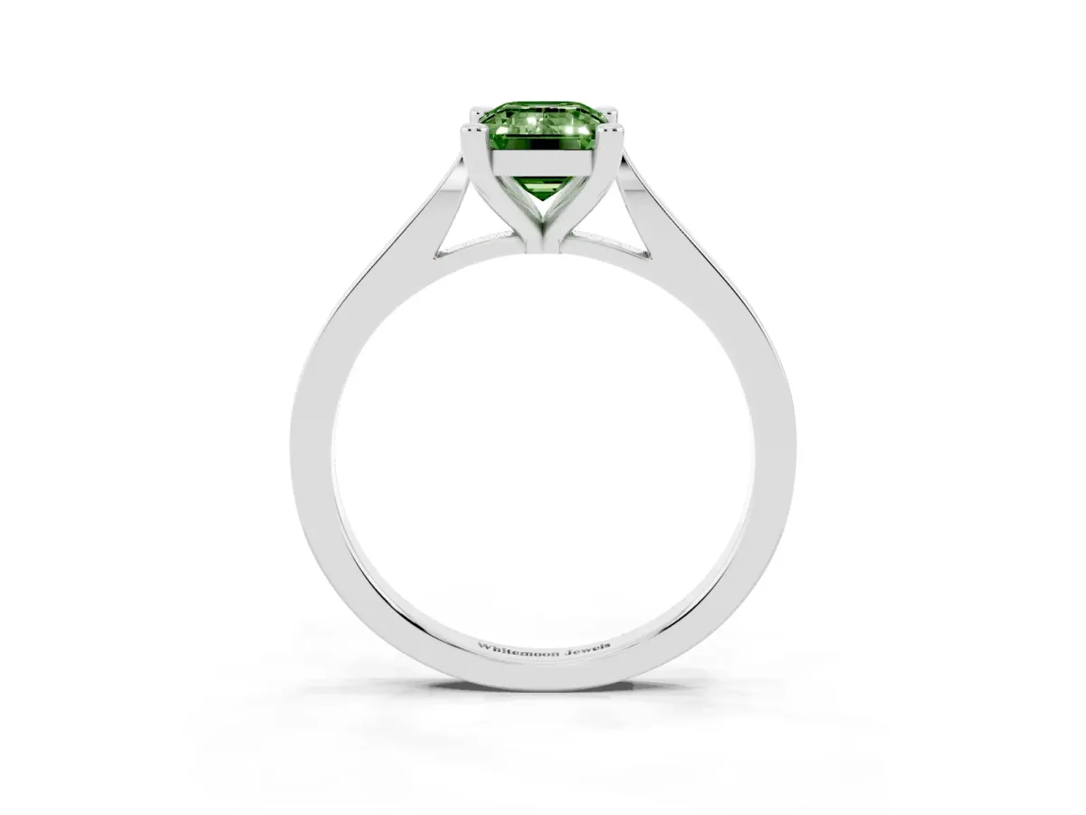 Fancy Green Emerald Cut Solitaire Diamond Ring with Four-Prong Setting and Tapered Band Silver