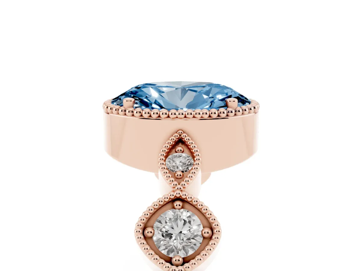 Fancy Blue Oval Cut Diamond Vintage Milgrain Ring with Round Stations Rose gold