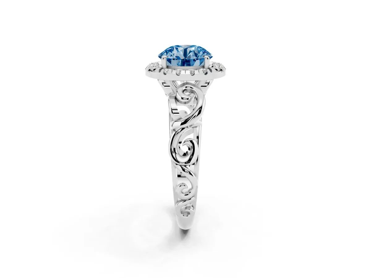 Fancy Blue Round Cut Cut Halo Diamond Ring with Scrollwork Band and Four-Prong Setting Platinum