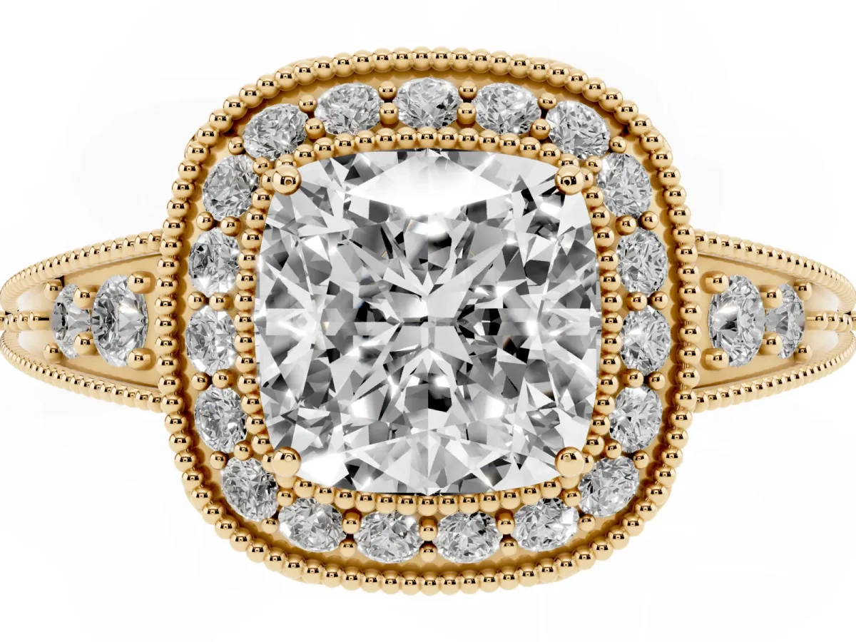 Cushion Cut Halo Diamond Split Shank Ring with Milgrain Detail Yellow gold