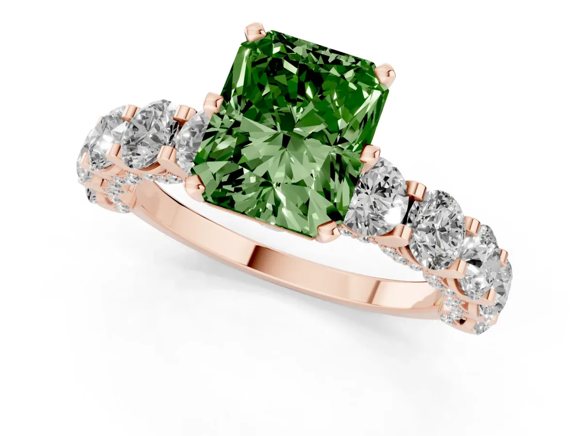 Fancy Green Radiant Cut Diamond Side Stone Engagement Ring with Four-Prong Setting Rose gold