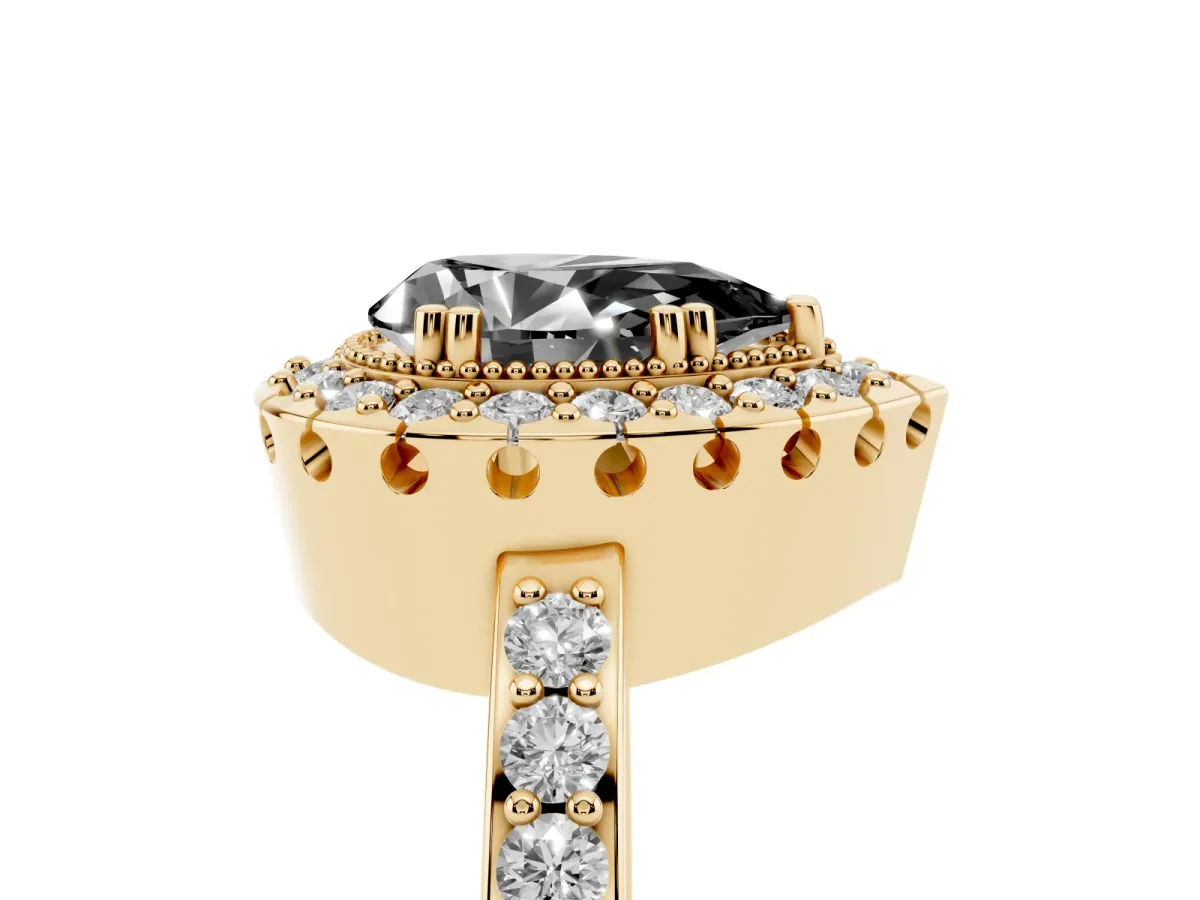 Fancy Black Pear Cut Diamond Halo Ring with Pavé Band and Prong Setting Yellow gold