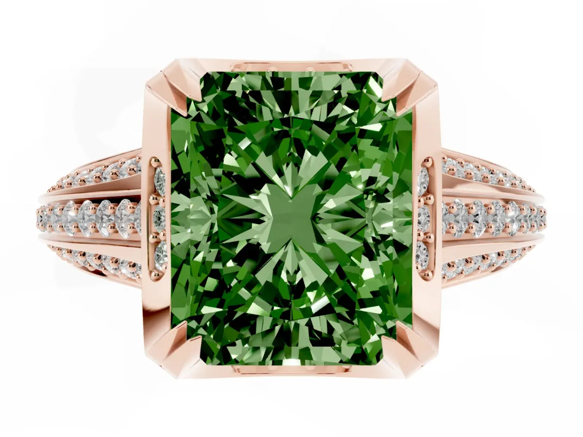 Fancy Green Radiant Cut Solitaire Pave Split Shank Ring with Four-Prong Setting Rose gold