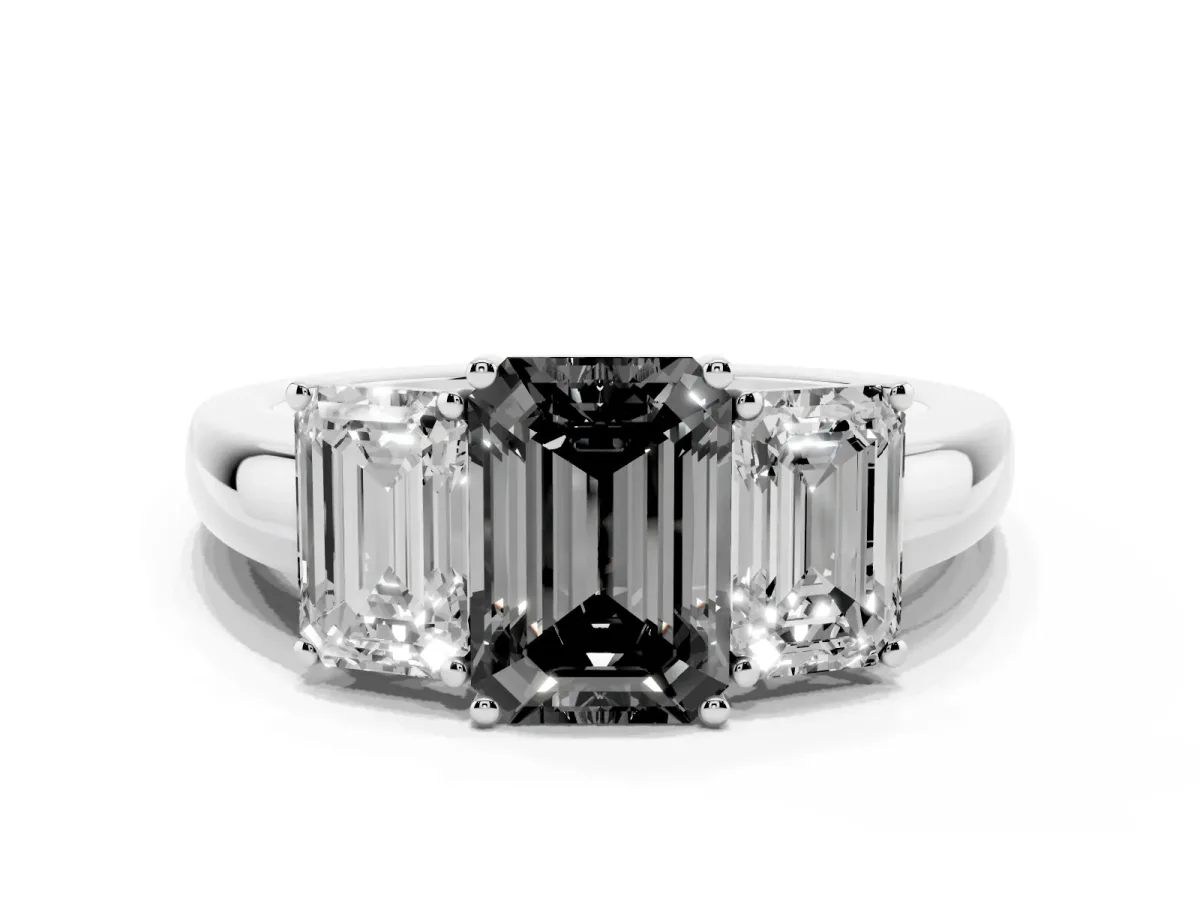 Fancy Black Emerald Cut Diamond Three-Stone Ring with Four-Prong Setting and Classic Band Silver