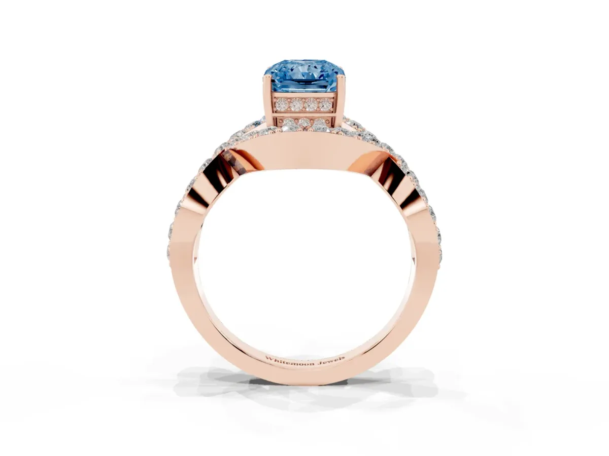 Fancy Blue Radiant Cut Solitaire Twist Band Pavé Diamond Engagement Ring Rose gold