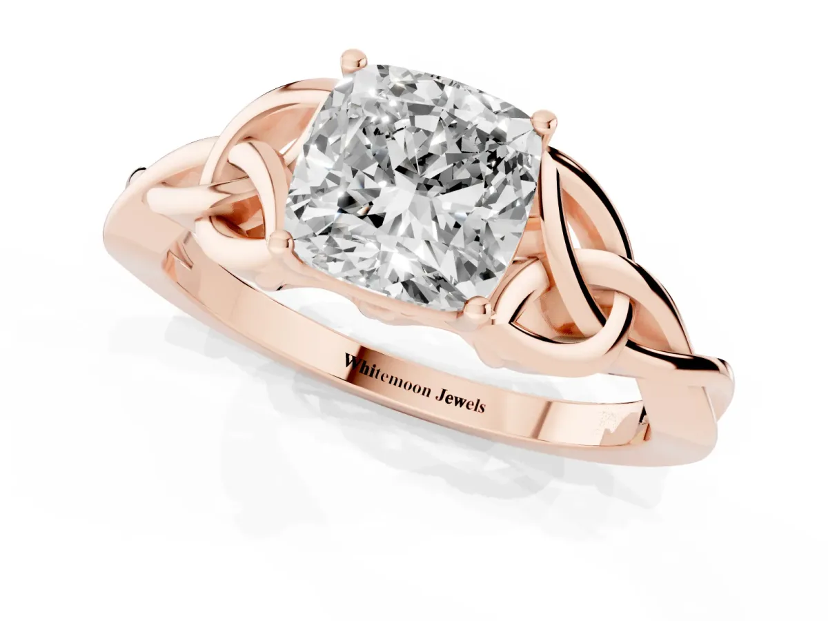 Cushion Cut Diamond Solitaire Engagement Ring with Celtic Knot Band and Four-Prong Setting Rose gold