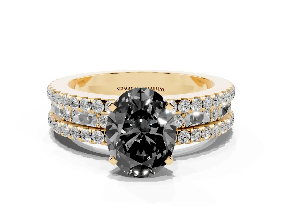 Fancy Black Oval Cut Diamond Solitaire Ring with Pavé and Channel Set Band Yellow gold