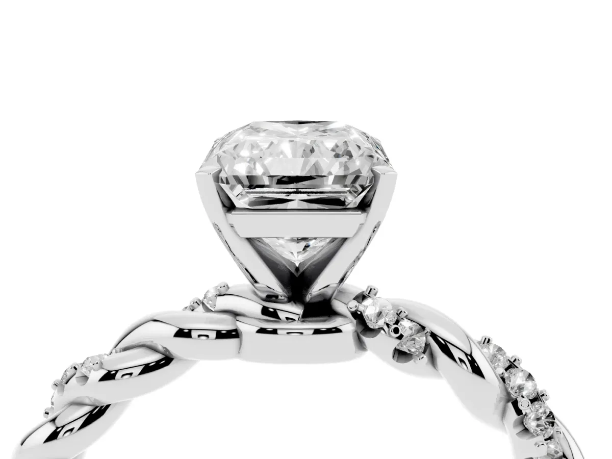 Radiant Cut Diamond Solitaire Ring with Twisted Band and Pavé Accents White gold