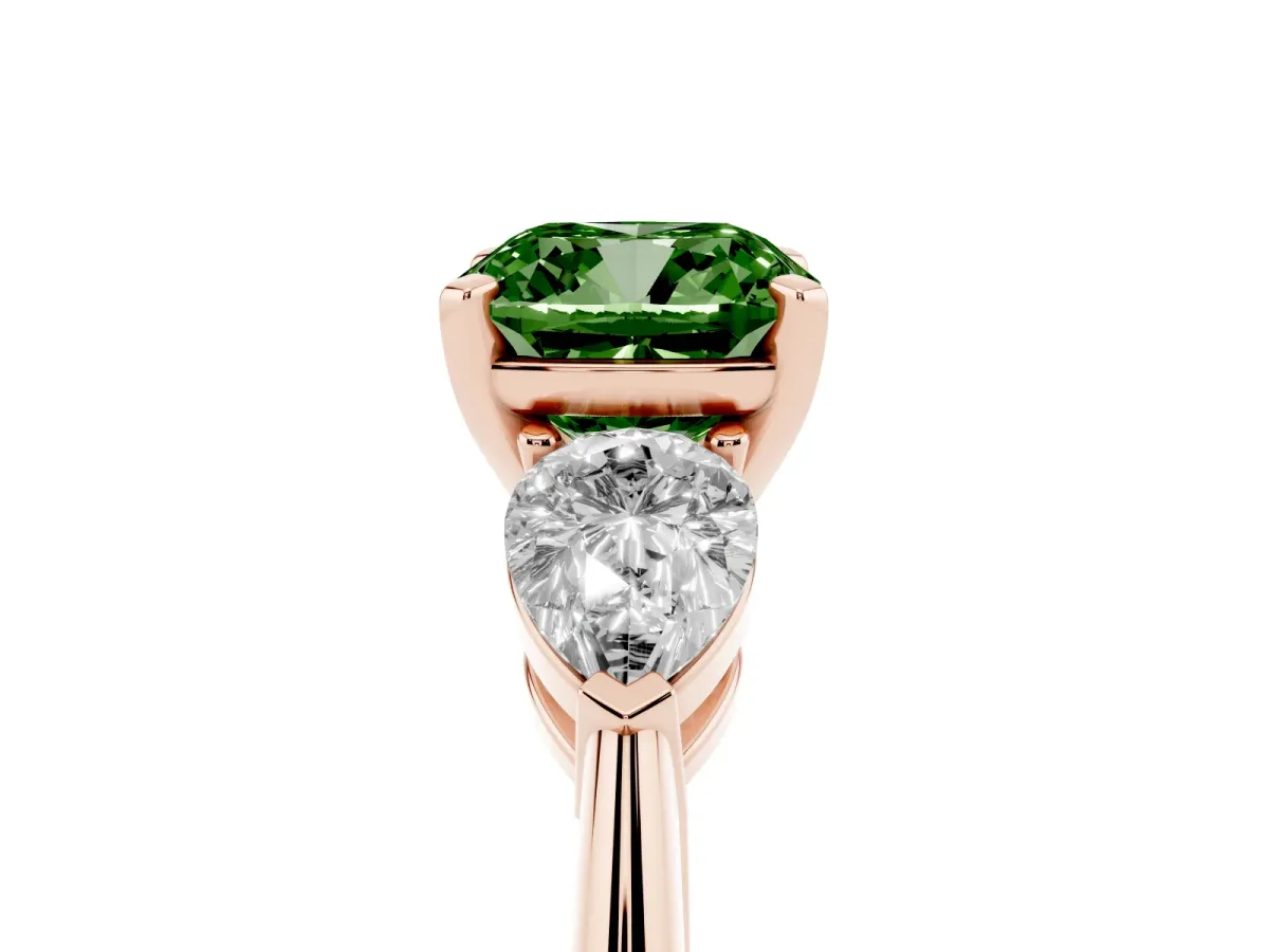 Fancy Green Three-Stone Cushion Cut Diamond Ring with Pear Side Stones and Four-Prong Setting Rose gold