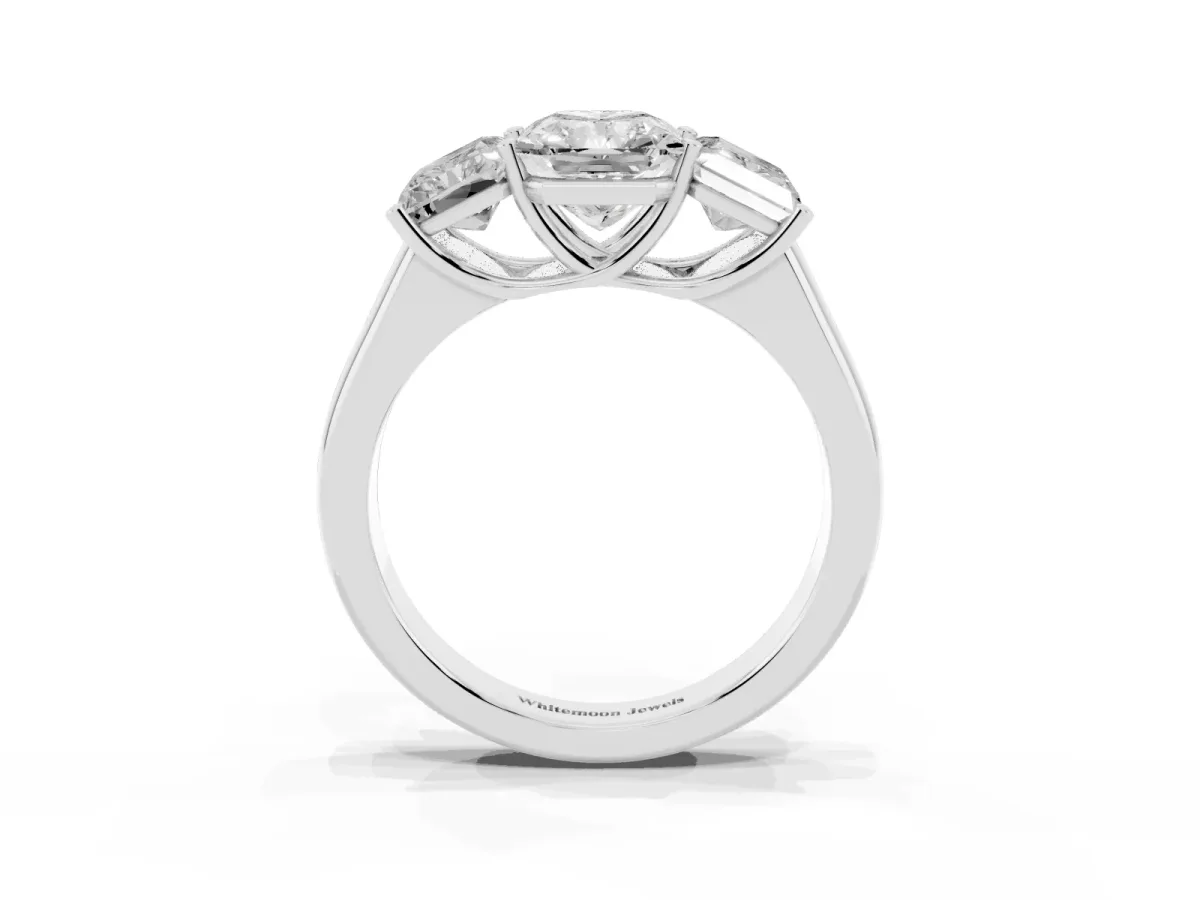 Radiant Cut Three-Stone Diamond Ring with Prong Setting on a Classic Band Silver
