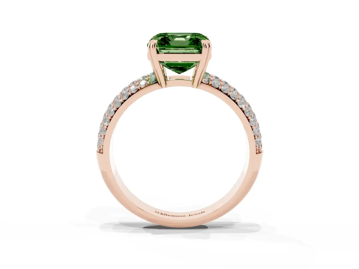 Fancy Green Asscher Cut Diamond Solitaire Ring with Multi-Row Round Pavé Band and Prong Setting Rose gold