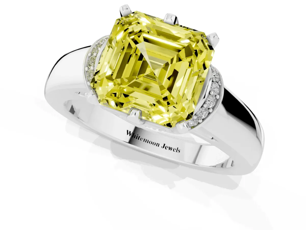 Fancy Yellow Asscher Cut Solitaire Diamond Ring with Pave Band and Six-Prong Setting Platinum