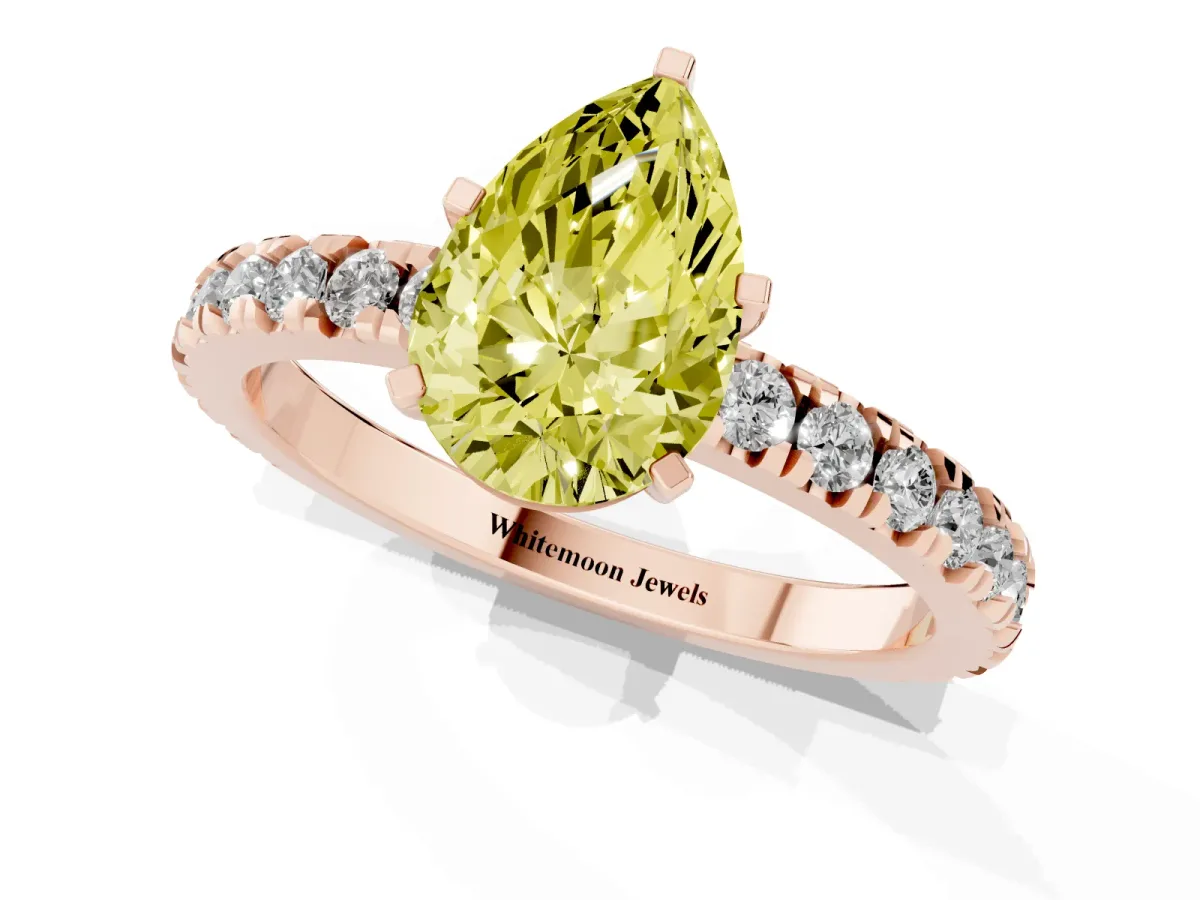 Fancy Yellow Pear Cut Diamond Pavé Band Solitaire with Four-Prong Setting Rose gold