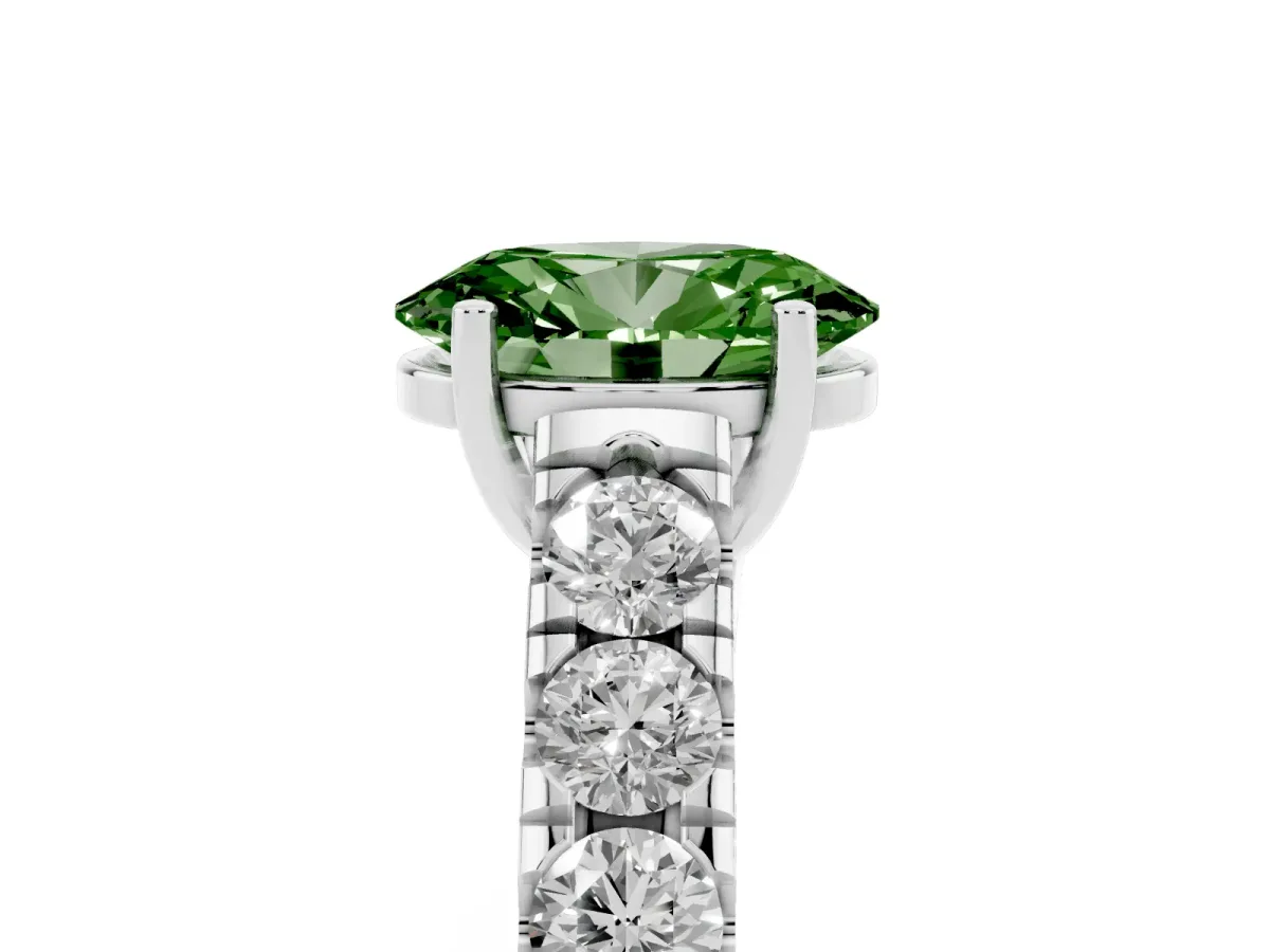 Fancy Green Oval Cut Cut Diamond Solitaire Ring with Micro Pave Band and Prong Setting Platinum