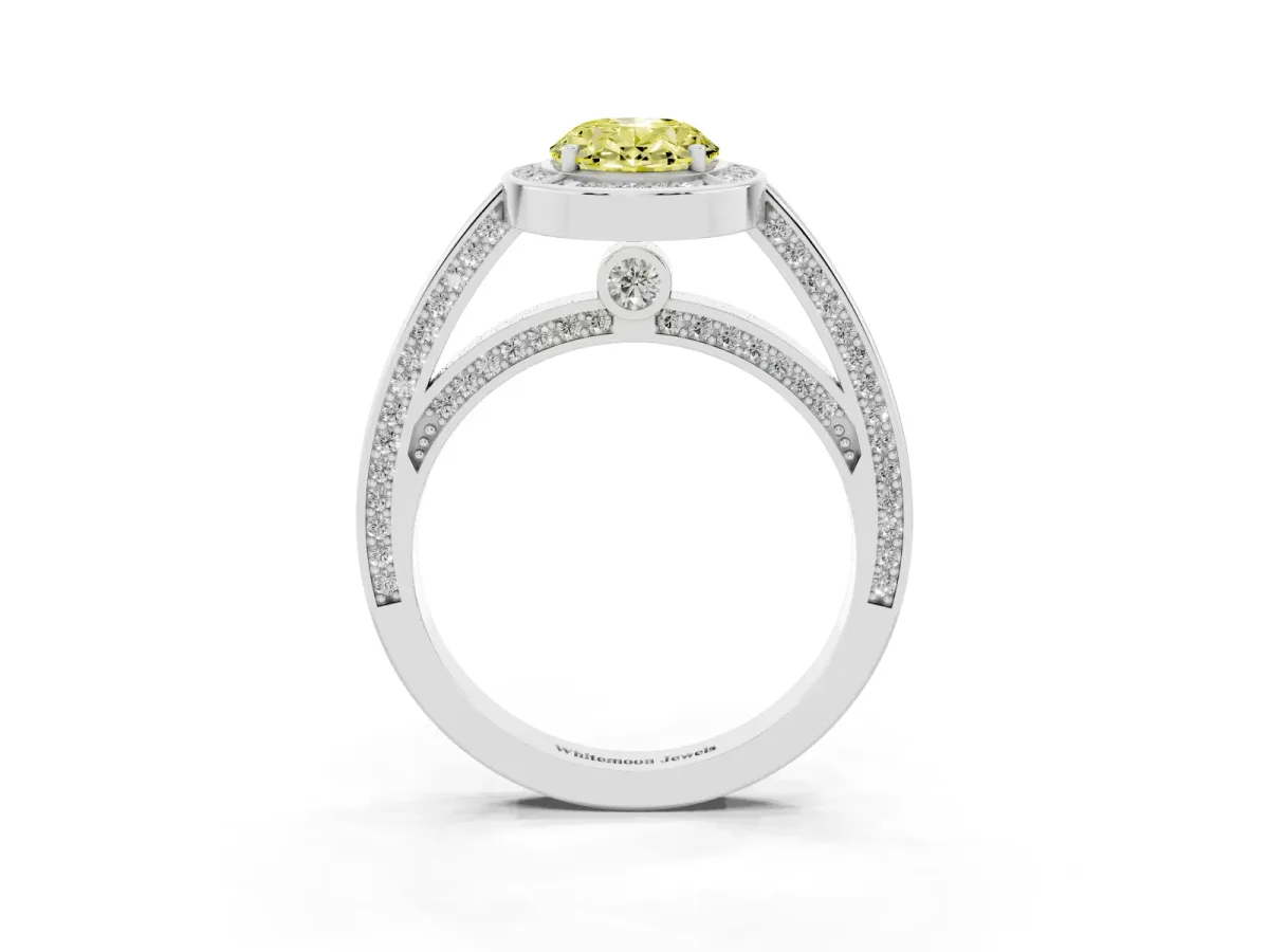 Fancy Yellow Oval Cut Cut Halo Pave Split Shank Prong Setting Ring White gold